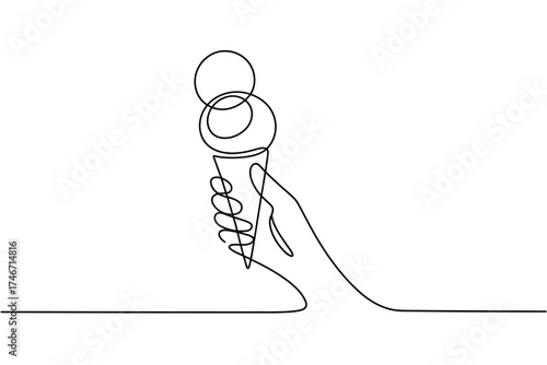 Minimalist continuous line drawing of hand holding delicious ice cream cone sweet treat