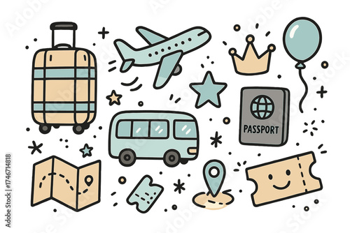 Travel Doodle Icons. Travel transport doodle icon set: hand drawn icons of suitcase, airplane, bus, crown, star, balloon, passport