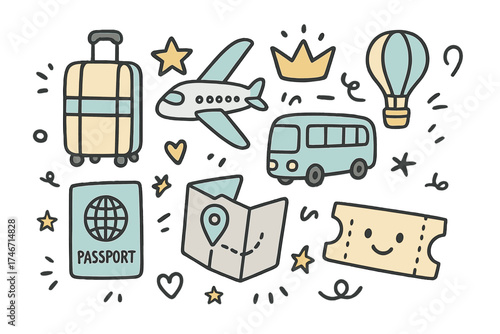Travel Doodle Icons. Travel transport doodle icon set: hand drawn icons of suitcase, airplane, bus, crown, star, balloon, passport