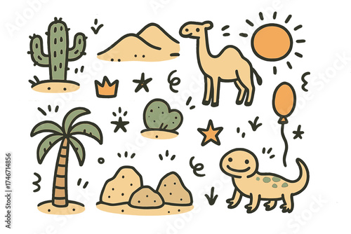 Desert Icons Set. Desert doodle icon set: hand drawn icons of cactus, sand dune, camel, sun, crown, star, balloon, palm tree, rock