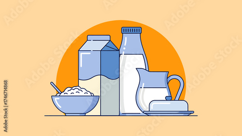 Simple graphic representation of dairy products featuring milk cartons jugs butter and cereal bowl