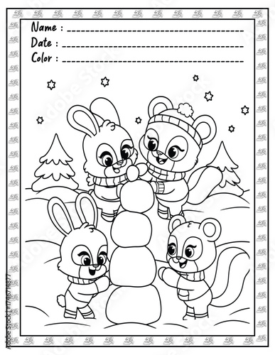 Fluffy Friends Coloring Page & Book for Adults and Kid. High resolution (300 DPI), Ready to print on standard 8.5x11-(A4) inch paper With (No Bleed), Black and White. Vector illustration