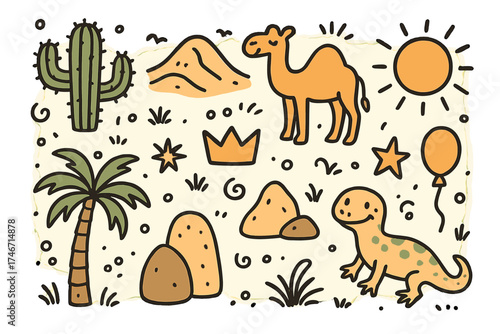 Desert Icons Set. Desert doodle icon set: hand drawn icons of cactus, sand dune, camel, sun, crown, star, balloon, palm tree, rock