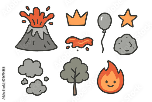 Cute Volcano Doodle. Volcano doodle icon set: hand drawn icons of erupting volcano, lava, crown, star, balloon, rock, smoke, tree,