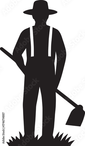Farmer silhouette vector illustration in black and white with wide-brim hat, overalls and shovel for agriculture, labor and rural lifestyle themes