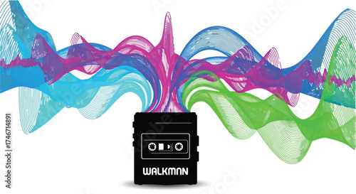 Retro music player bursts with vibrant sound waves, evoking nostalgia and audio enjoyment.