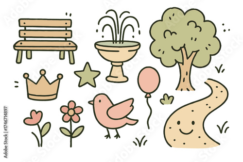 Park Doodle Icons. Park doodle icon set: hand drawn icons of bench, fountain, tree, crown, star, balloon, flower, bird, and