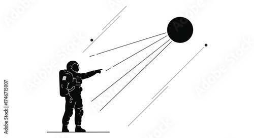 Astronaut points towards distant celestial body and smaller orbiting objects in space.