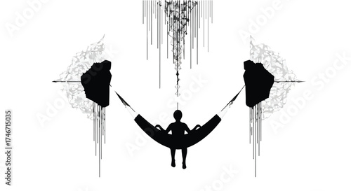 Person relaxing in a hammock amidst abstract digital rain and geometric shapes