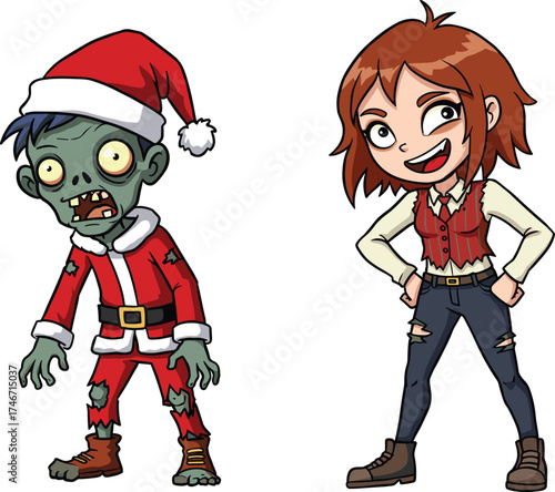 Zombie Santa in tattered costume with cheerful modern boy character standing together funny holiday contrast, cad drawing flat vector illustration