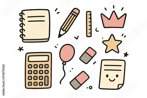 Homework Doodle Icons. Homework doodle icon set: hand drawn icons of notebook, pencil, ruler, crown, star, balloon, eraser,