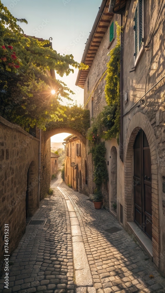 Fototapeta premium Sunlight filters through narrow medieval cobblestone alleyway lined with stone buildings in italy illustration