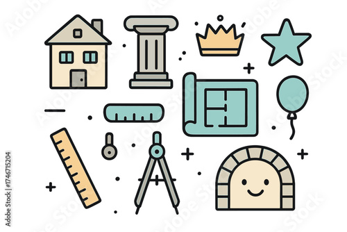 Architecture Doodle Icons. Architecture doodle icon set: hand drawn icons of building, column, blueprint, crown, star, balloon,