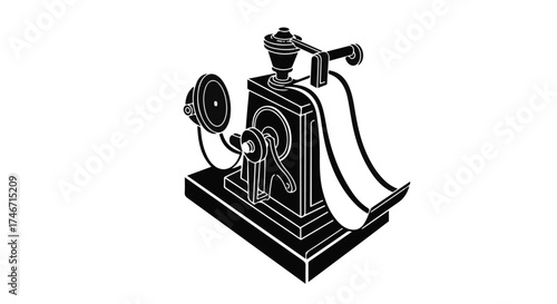 Vintage telegraph machine transmitting information on paper strip