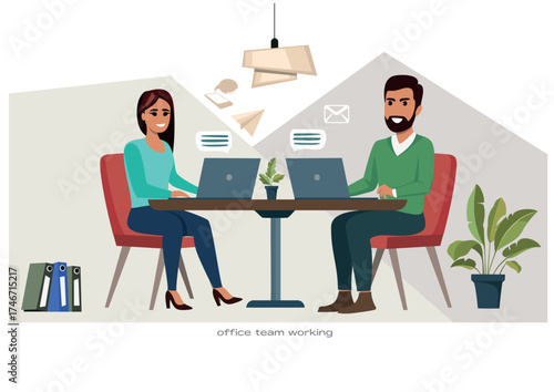 Flat vector illustration of diverse office team working together on a project