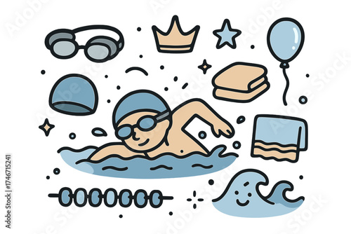 Swimming Doodle Icons. Swimming doodle icon set: hand drawn icons of swimmer, goggles, cap, crown, star, balloon, towel, lane