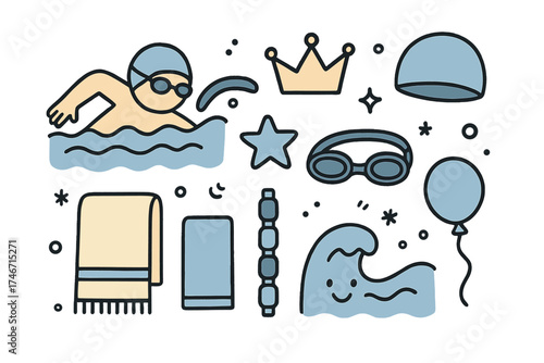Swimming Doodle Icons. Swimming doodle icon set: hand drawn icons of swimmer, goggles, cap, crown, star, balloon, towel, lane
