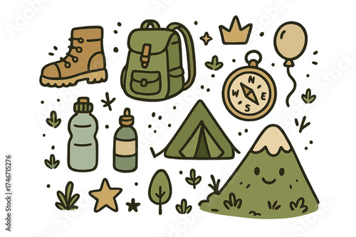 Hiking Doodle Icons. Hiking doodle icon set: hand drawn icons of boots, backpack, crown, star, balloon, compass, water bottle,