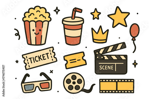 Cute Cinema Icons. Cinema doodle icon set: hand drawn icons of popcorn with smile, soda cup, movie ticket, clapperboard, crown,