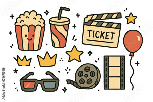 Cute Cinema Icons. Cinema doodle icon set: hand drawn icons of popcorn with smile, soda cup, movie ticket, clapperboard, crown,