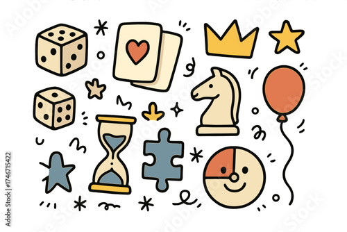 Board Game Icons. Board games doodle icon set: hand drawn icons of dice, cards, chess piece, crown, star, balloon, hourglass,