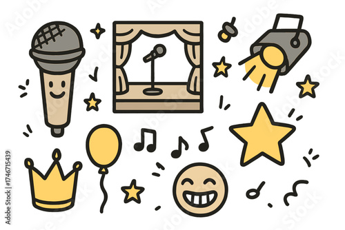 Stand-Up Comedy Icons. Stand-up comedy doodle icon set: hand drawn icons of microphone with smile, stage, spotlight, crown, star,