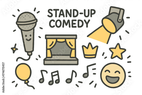 Stand-Up Comedy Icons. Stand-up comedy doodle icon set: hand drawn icons of microphone with smile, stage, spotlight, crown, star,