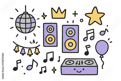 Dance Party Icons. Dance party doodle icon set: hand drawn icons of disco ball, speakers, crown, star, balloon, music notes,