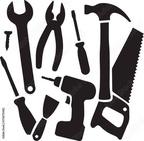 Hand tool silhouette vector illustration in black and white with wrench, pliers, hammer, saw and drill for construction, DIY and mechanical themes