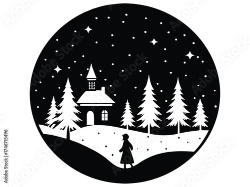 Vector art of winter night scene with a person walking towards a church under the stars
