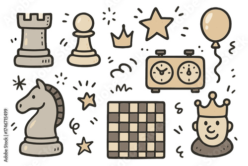 Chess Doodle Icons. Chess doodle icon set: hand drawn icons of rook, pawn, knight, crown, star, balloon, clock, board, and smiling