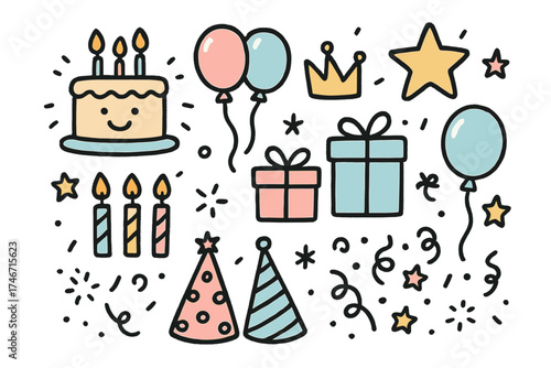 Birthday Doodle Icons. Birthday party doodle icon set: hand drawn icons of cake with smile, balloons, crown, star, balloon, gifts,