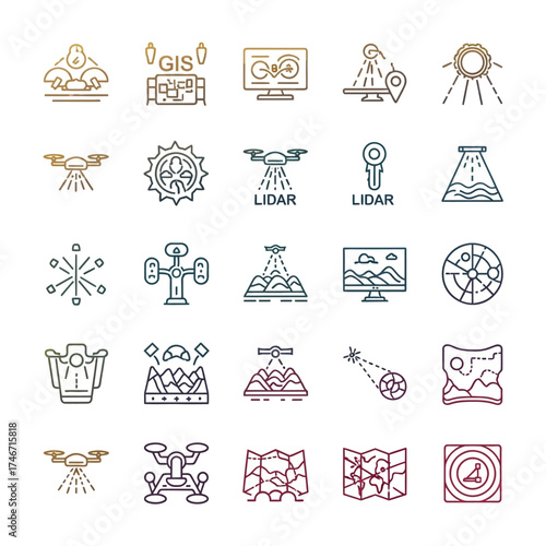 Comprehensive Set of Geospatial Technology Line Icons Featuring Remote Sensing, Drone Mapping, Data Analysis, and Location-Based Services