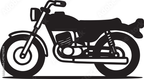 Motorcycle silhouette vector illustration in black and white with detailed wheels, engine and handlebars for automotive, lifestyle and branding themes