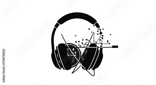 Abstract representation of sound waves emanating from headphones and a clock, symbolizing time and music.