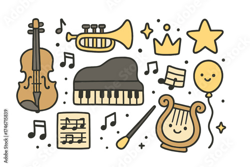 Classical Music Icons. Classical music doodle icon set: hand drawn icons of violin, trumpet, piano, crown, star, balloon, sheet