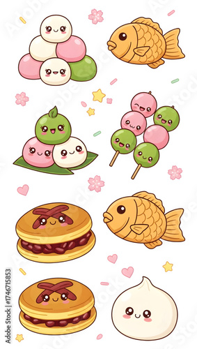 Delightful cartoon Japanese sweets assortment featuring Taiyaki, Dango, and Dorayaki for dessert menus