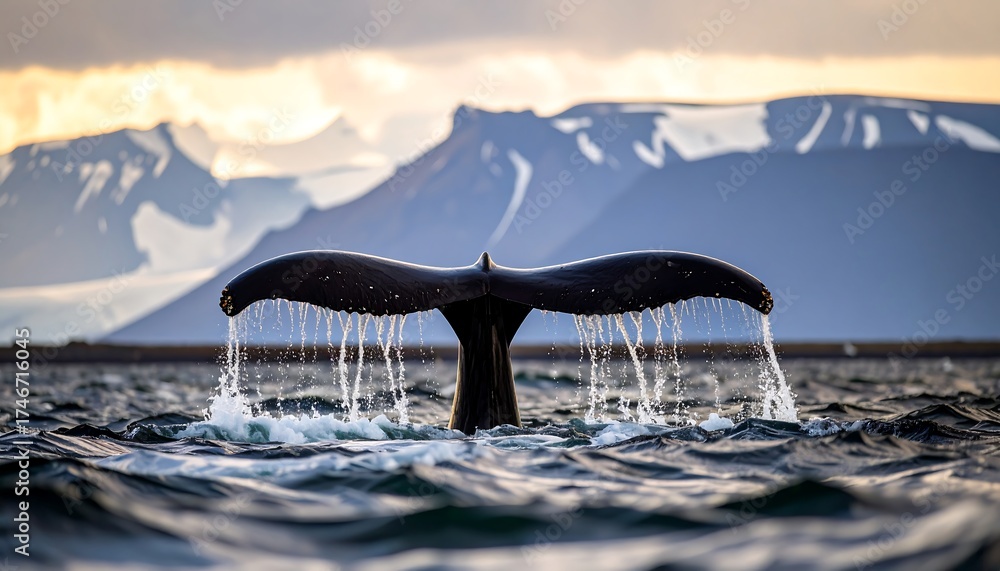 Fototapeta premium Whale tail surfacing in arctic seascape