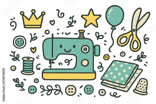 Cute Sewing Icons. Sewing doodle icon set: hand drawn icons of sewing machine with smile, scissors, crown, star, balloon, thread,