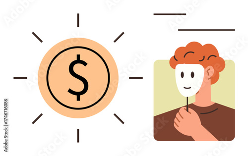 Man with mask beside glowing dollar icon symbolizing financial secrecy, fraud, or hidden intentions. Ideal for topics thumbs up money, ethics, trust, manipulation, fraud business investment. Simple