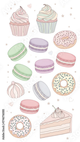 Delightful pastel bakery assortment featuring cupcakes, macarons, donuts, and cake for sweet cravings
