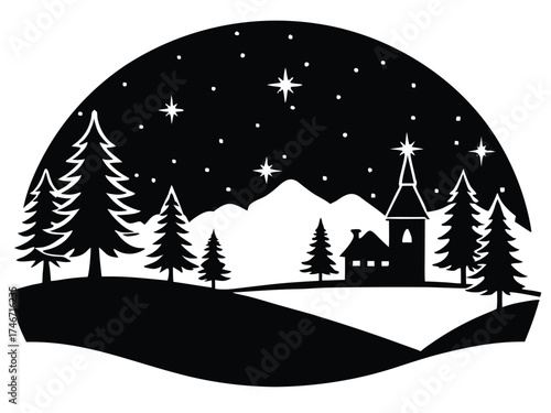 Vector art of black and white silhouette of a church in winter