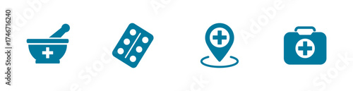 Mortar and pestle icon, blister pack, location, first aid kit. Solid vector icon.