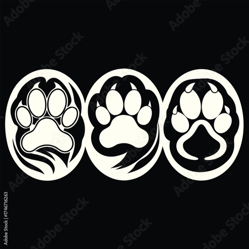 Three distinct animal paw print icons with outline and shadow effect representing wildlife or pets