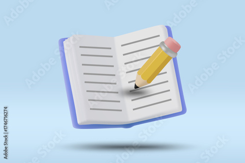 3D vector illustration rendering of an open book and pencil, representing learning, writing, and knowledge transfer. Concept of education and skill development with intention and creativity.