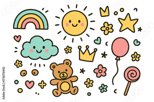 Cartoon Doodle Icons. Cartoon kids doodle icon set: hand drawn icons of rainbow, smiling sun, cloud, crown, star, balloon, teddy