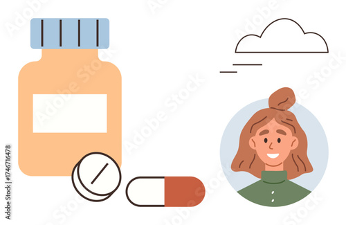 Medicine bottle with pills and capsule beside smiling woman portrait, symbolizing health, wellness, self-care, treatment, optimism, medication compliance, healthcare support. Perfect flat metaphor