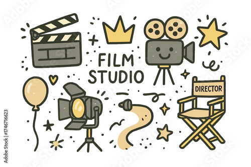 Film Studio Icons. Film studio doodle icon set: hand drawn icons of clapperboard, camera with smile, crown, star, balloon,
