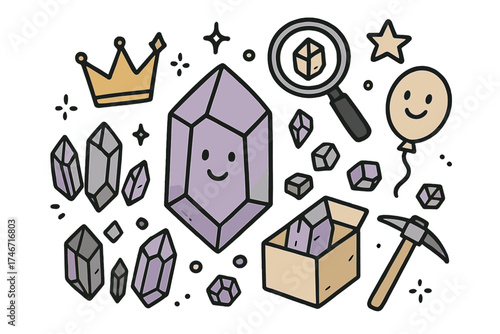 Crystal Doodle Icons. Rock and mineral collecting doodle icon set: hand drawn icons of crystals with smile, magnifier, crown, star