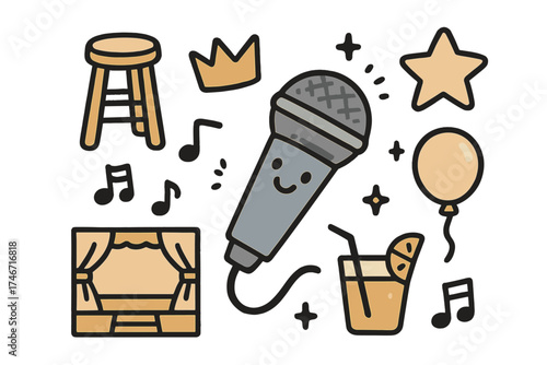 Open Mic Icons. Open mic doodle icon set: hand drawn icons of microphone with smile, stool, crown, star, balloon, stage, notes,